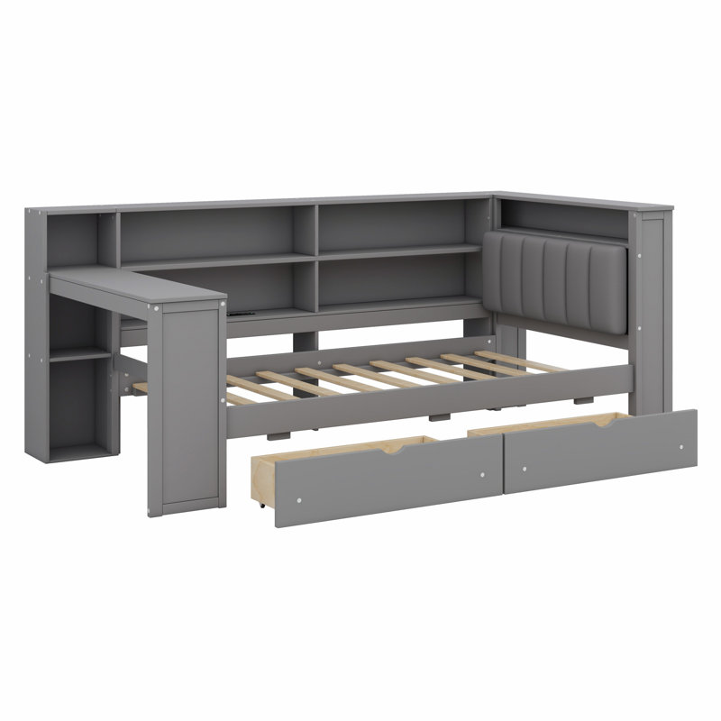Lit plateforme en bois avec tablettes de rangement, tiroirs, station de charge, DEL, bureau et tête de lit tapissier, Grey