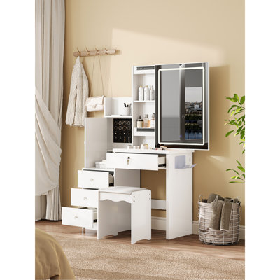Vanity Desk Set with Sliding Lighted Mirror, Makeup Dressing Table with 4 Drawers & 9 Storage Spaces, Hidden Compartments and Cushioned Stool, White Beauty Furniture for Bedroom