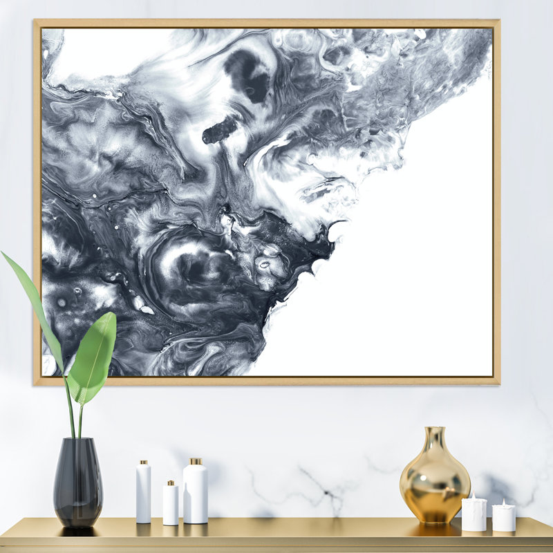 Noir et blanc, argent liquide abstrait I - peinture sur toile, H 12 po x l 20 po x P 1 po, Cadre flottant en érable