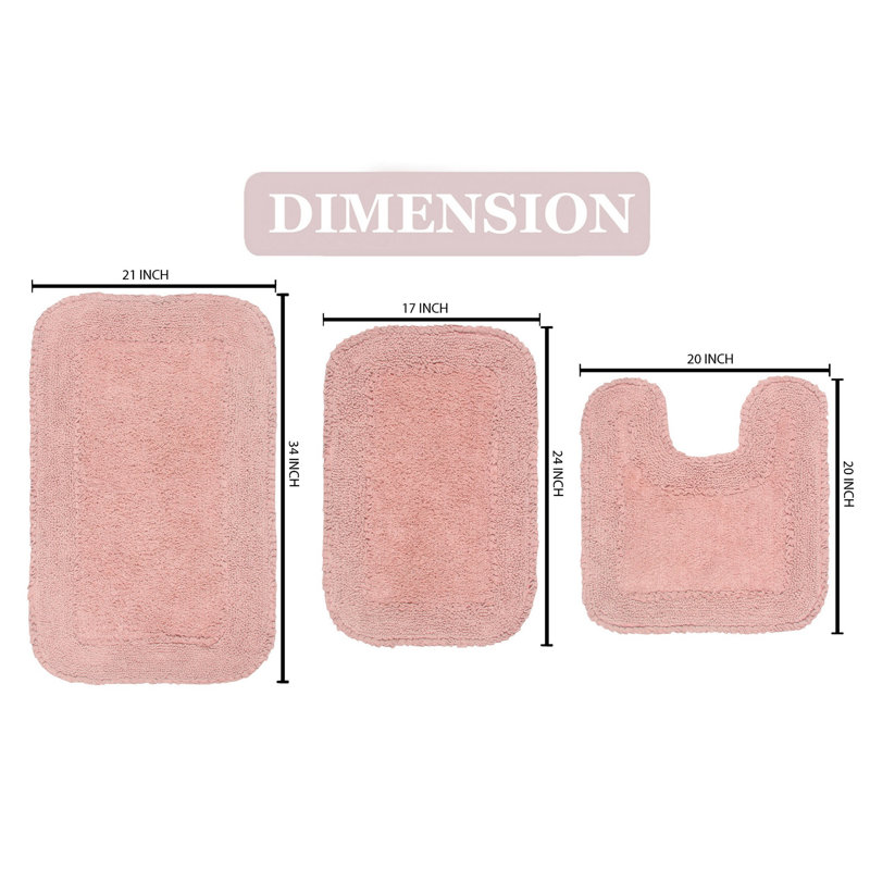 Aceyon Plush Cotton 3 Piece Bath Rug Set, Pink