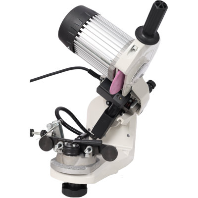 Affûteuse de chaîne de tronçonneuse électrique 120 volts, meuleuse d'établi en métal gris, monobloc, avec étau de chaîne à assistance hydraulique