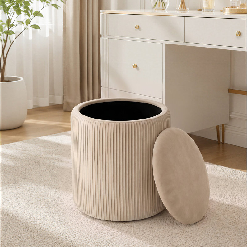 37.5cm Wide Velvet Cylinder Striped Standard Ottoman, Beige