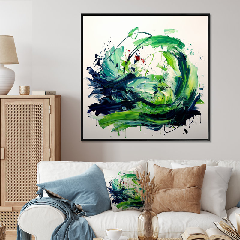«Green and White Abstract Ink Expression V», art mural abstrait, H 30 po x l 30 po x P 1,5 po, Cadre flottant noir