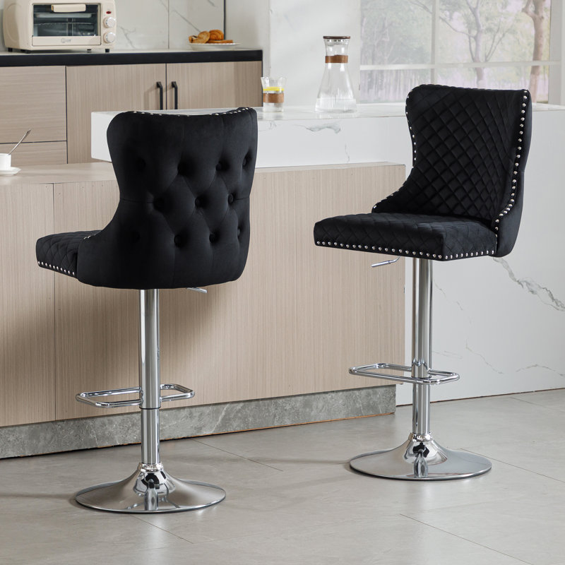 Adjustable Velvet Bar Stools with Nail head Trim for Kitchen Island and Bar, Black
