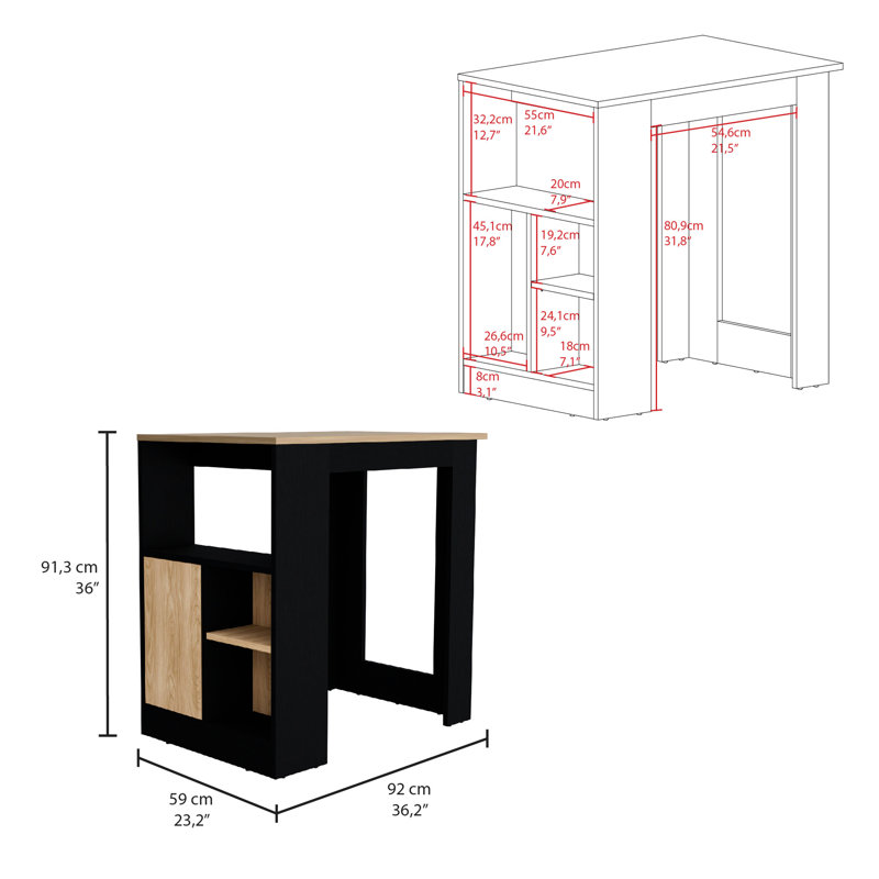 Îlot de cuisine: chêne noir et naturel, armoire 1 porte, tablette latérale pratique avec îlot de rangement - chêne