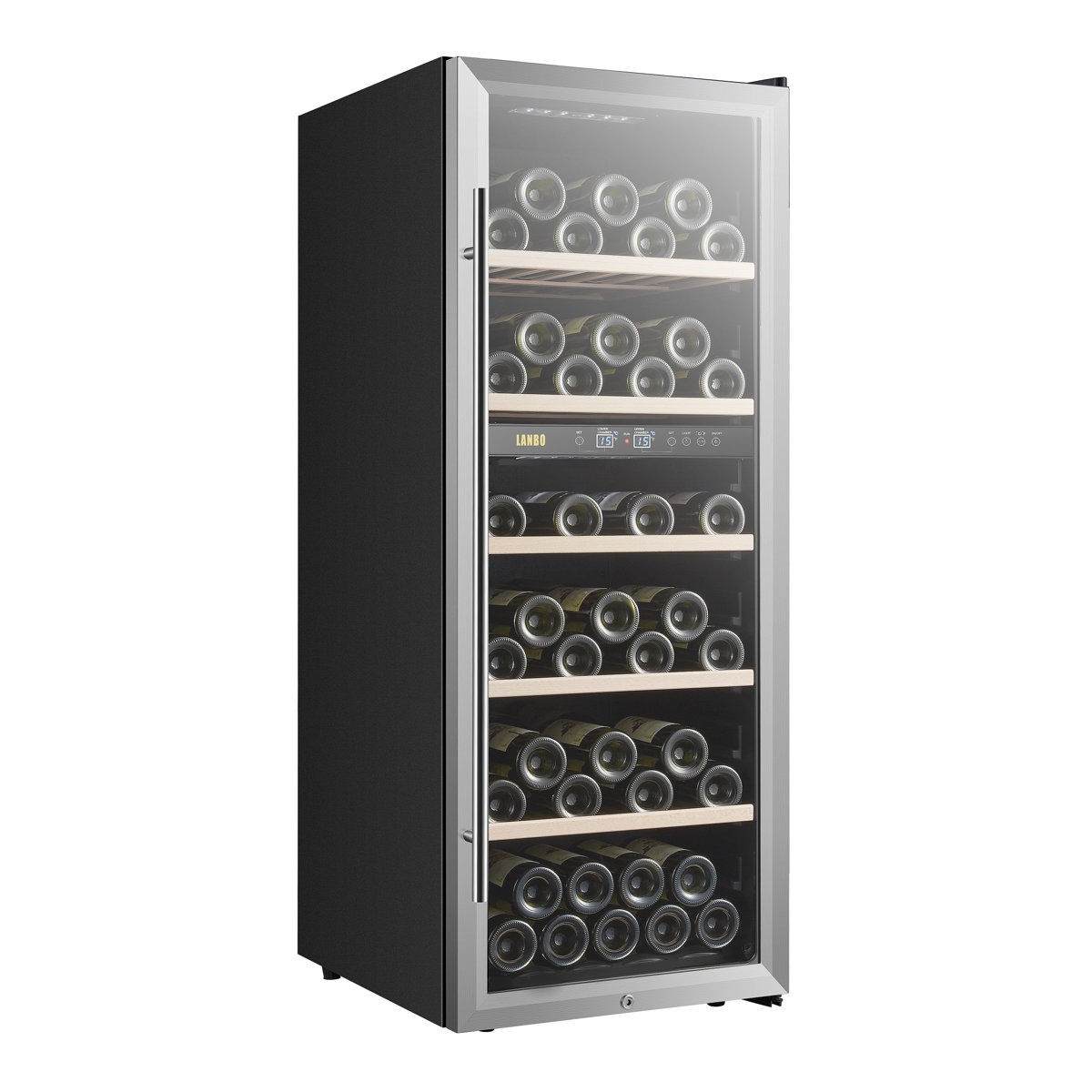 20" 64 Bottle Dual Zone Freestanding Wine Cooler, Stainless Steel Trimmed Glass Door with Safety Lock | Fridge.com