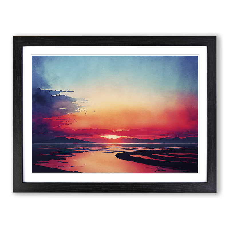 Watercolour Ocean Skyline - Single Picture Frame Painting, 46cm H x 64cm W x 2cm D, Black