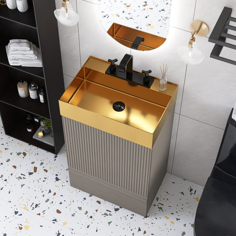 Dessus de meuble-lavabo simple autoportant 20 po intégré en céramique, Gris, Doré