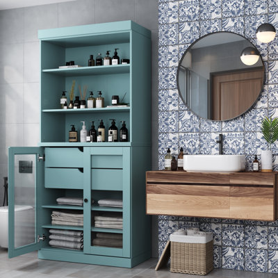 Armoire de salle de bain autoportante 100% bois massif 32 po avec portes en verre transparent, 2 tiroirs et tablettes réglables - Rangement de salle de bain moderne