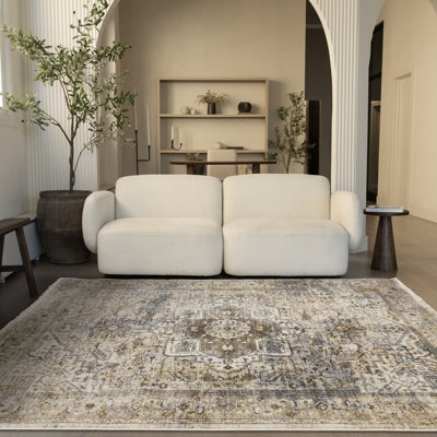 Tapis oriental brun clair à forte circulation