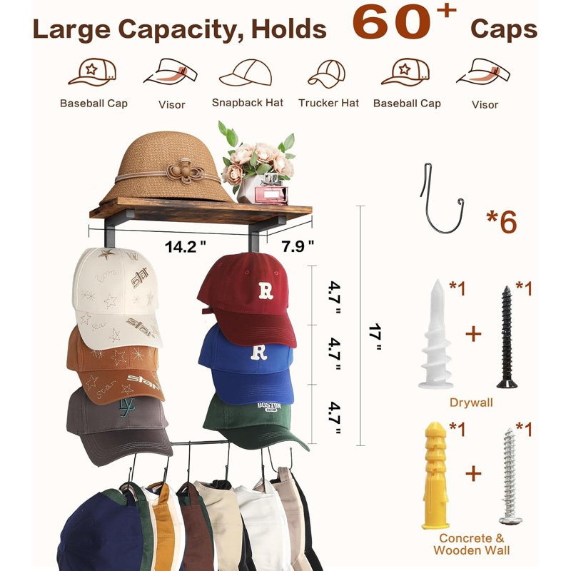 Support mural avec tablette, organisateur de casquette de baseball multifonctionnel, support avec 12 crochets, présentoirs, peut contenir plus de 60 casquettes, support de rangement mural à niveaux multiples pour garde-robe