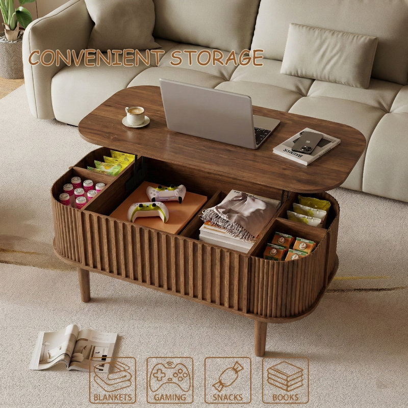 40" Lift Top Coffee Table With Storage, Faux Marble Tabletop & Solid Rubber Wood Legs, Mid-century Modern Lift-up Coffee Table For Living Room Natural Oak
