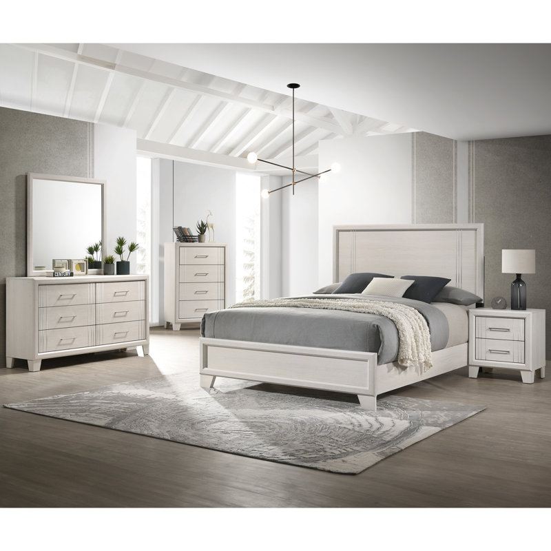 Lit à panneaux très grand 1pc de style contemporain, lit d'appoint en bois blanc / beige en apparence, mobilier en bois
