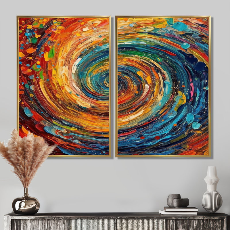 Yellow Orange Transcendent Liquid Ink - Yellow Art Prints On Canvas 2 Pieces, 36'' H x 48'' W, Floater Framed Print, Gold