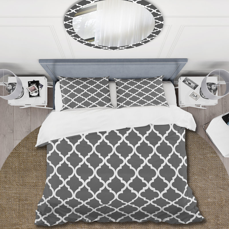 Ensemble de housse de couette traditionnelle quadrilobe gris I, Housse de couette très grand + 2 très grandes ta