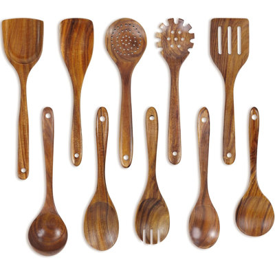 Ensemble d'ustensiles de cuisine en bois de teck 10 pièces pour la cuisson, le mélange et la cuisson - Conception antiadhésive, durable et ergonomique - Parfait pour les cuisiniers à la maison et les cadeaux