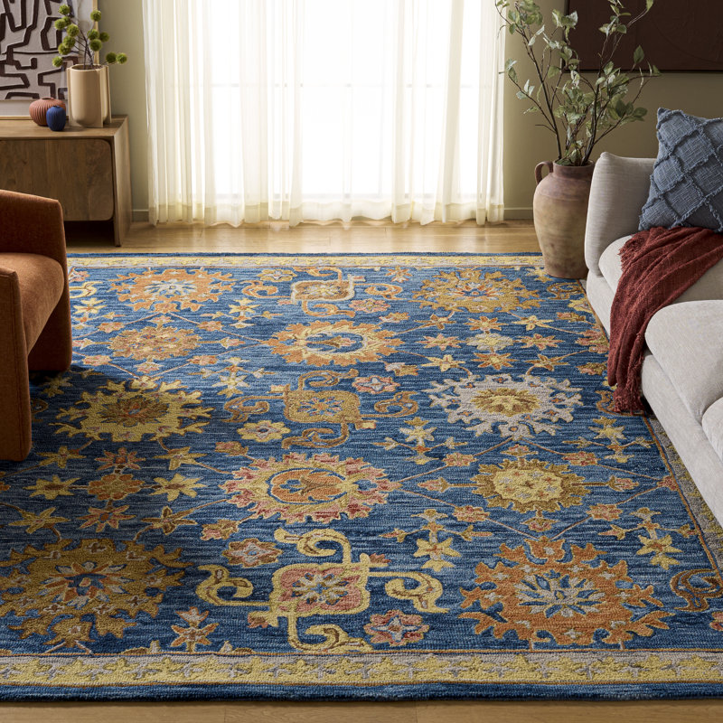 Tapis bleu marine / brun en coton touffeté à la main Monfiston, Rectangle 8 pi x 10 pi