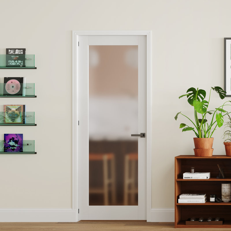Porte CHIC MODE 24 po x 84 po, 1 vitrage en verre trempé dépoli, âme en MDF massif blanc, porte intérieure prémontée avec chambranle