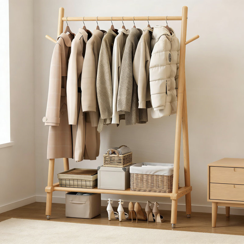 Solid Wood Clothing Rack With Shelves, Rolling Garment Rack With Detachable Wheels, Heavy-Duty Closet Organizer Holds 350 Lbs For Bedroom, Entryway, Or Living Room Storage