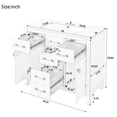 Ensemble de meuble-lavabo 36 po avec lavabo SMC, meuble-lavabo simple autoportant moderne avec 4 tiroirs et 2 armoires, meuble de rangement pour la salle de bain, ensemble de meuble-lavabo avec cadre en bois massif