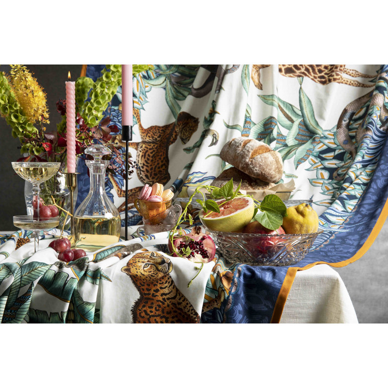 Sabie Handmade Floral Tablecloth, 138" L x 79" D, Blue/White/Gray