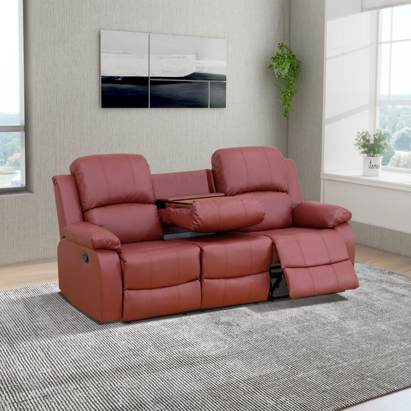 79" Premium Vegan Leather Reclining Living Room Sofa With Drop Down Table And Cup Holders, Red