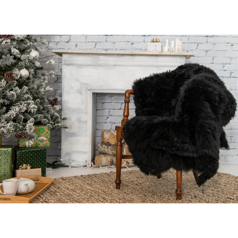 Tapis noir naturel rectangulaire en peau de mouton, Rectangulaire 3 pi x 5 pi