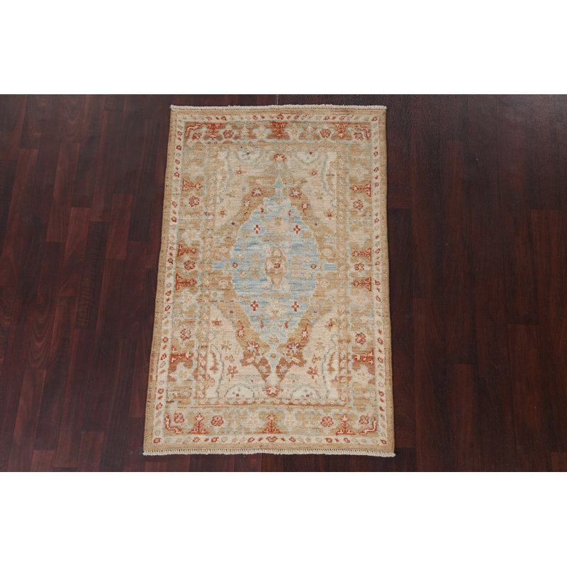 Tapis ivoire / bleu / rouille en laine noué à la main de conception unique 3 pi 1 po x 4 pi 10 po