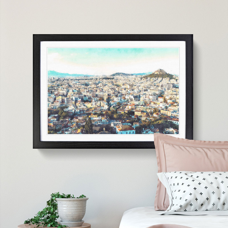Athens Skyline In Greece - Single Picture Frame Painting on MDF, Black, 24cm H x 33cm W x 2cm D