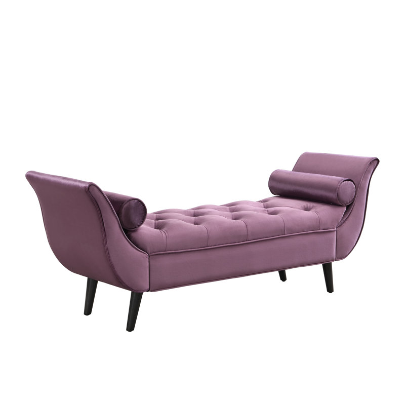 Banc rembourré en velours mauve avec deux coussins, siège de bout de lit, Purple, Black