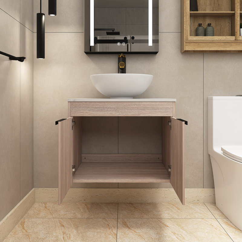 Meuble-lavabo simple 24 po avec lavabo en céramique et plateau en pierre blanche Balins