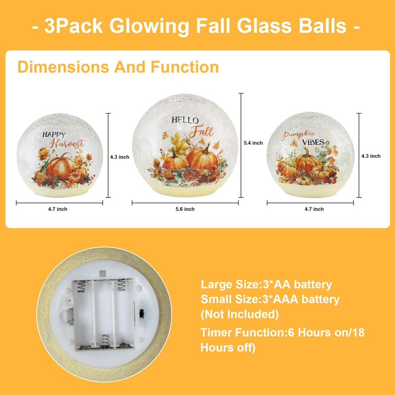 Set of 3 Crackle Glass Ball with LED Lights for Fall Table Decor with Timer