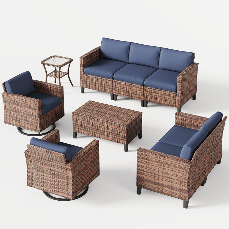8 Piece Rattan Sectional Seating Group With Cushions, Navy