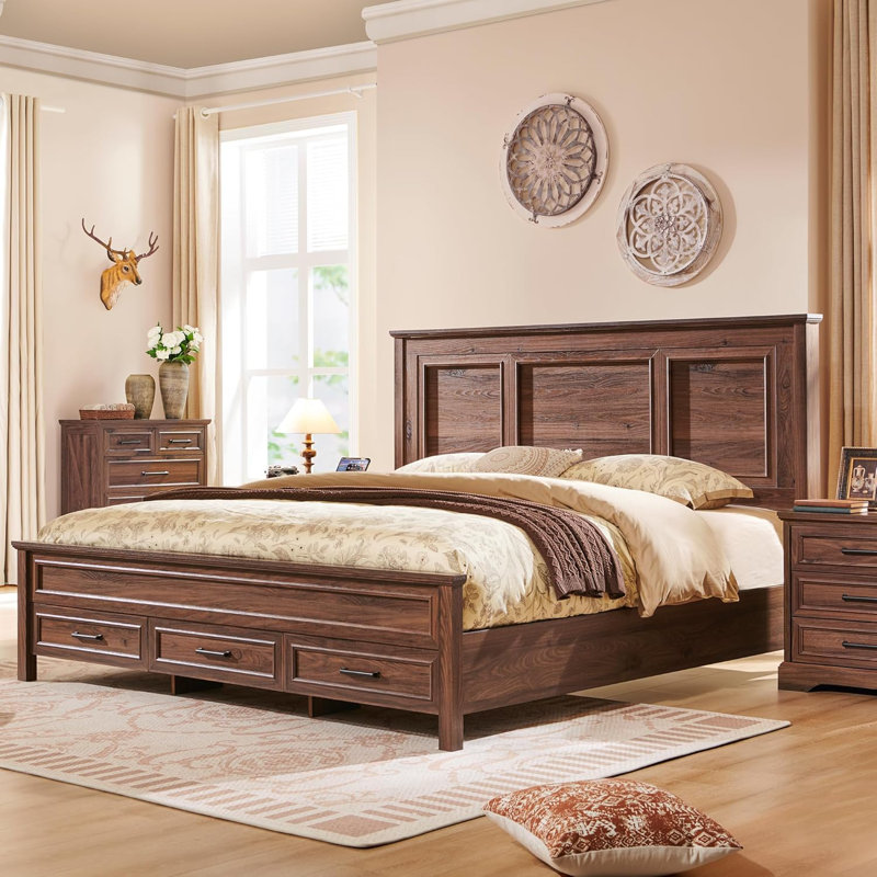 Farmhouse Queen Platform Bed with 52" Tall Headboard, Wood Queen Bed Frame with Storage Drawers & 20" Tall Footboard, Brown