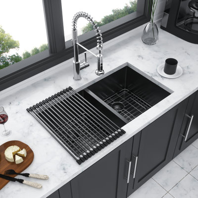33"X19" Double Bowl  50/50  Undermount Gunmetal Black Kitchen Sink, 16 Gauge, 10" Deep, Hand - With Rear 3.5 Drain, X Grooves For Smooth Liquid Drainage, Sound Proofing Layers, Condensation Coating,