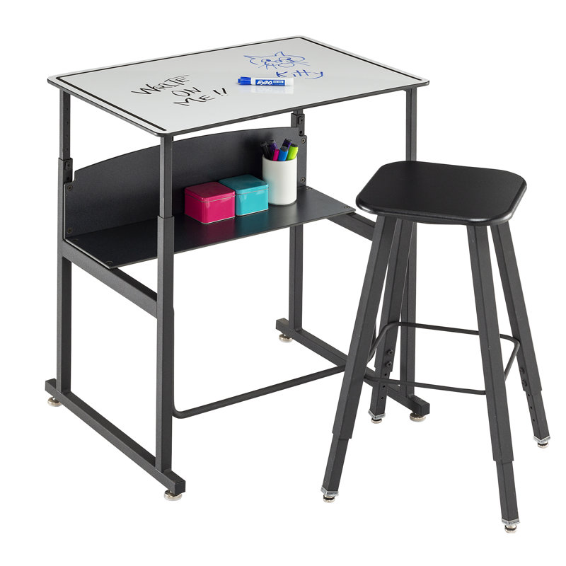 Adjustable Black Steel Standing Desk with Dry Erase Surface and Footrest Bar
