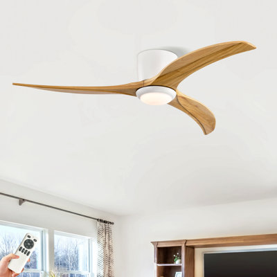 Ventilateur de plafond encastré de 52 po à pales en bois massif avec lumière avec télécommande, moteur réversible silencieux, 6 vitesses, pour salon de patio, chambre à coucher, intérieur