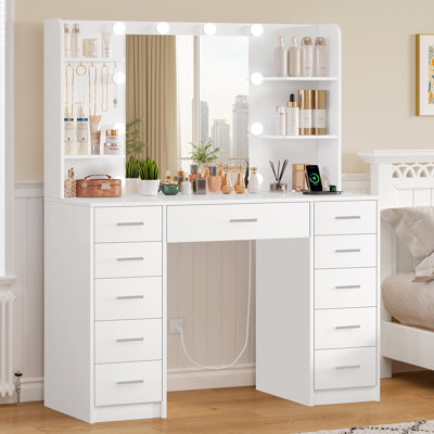 Vanity Desk With Mirror And Lights, Power Outlet, Makeup Vanity Table With 11 Drawers, 6 Open Storage Shelves & 5 Hooks, 3 Lighting Modes Brightness Adjustable, Vanity Table For Bedroom, White