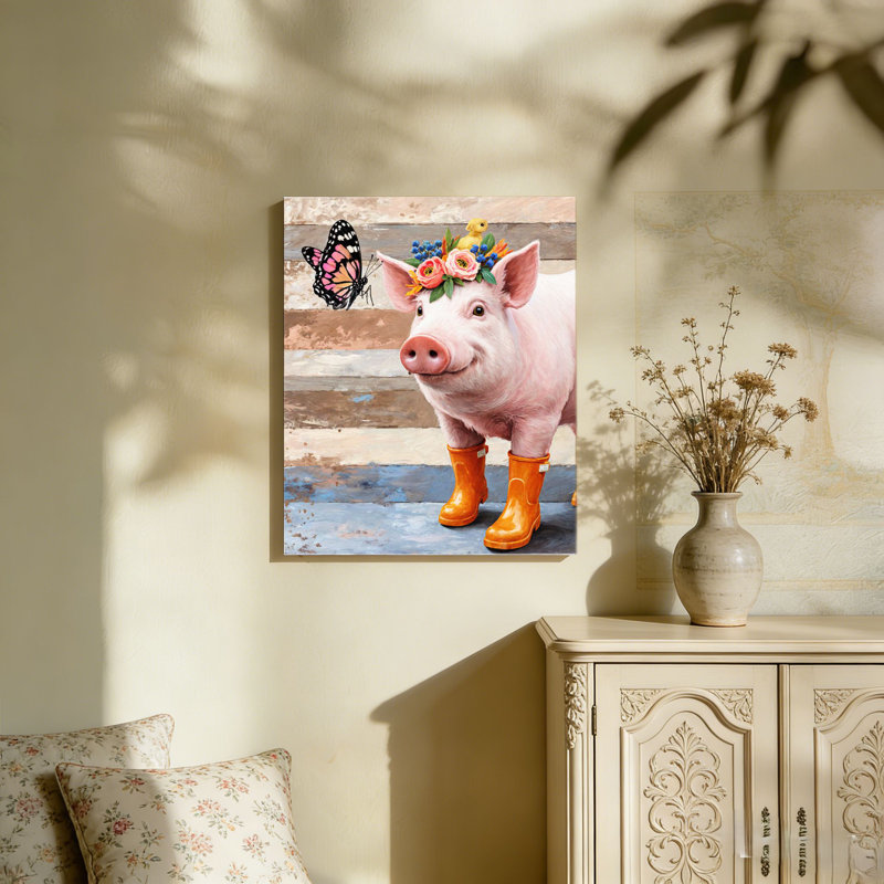 Cochon floral en bottes, cadre en bois à l'arrière intégré, murale, 36 po x 24 po