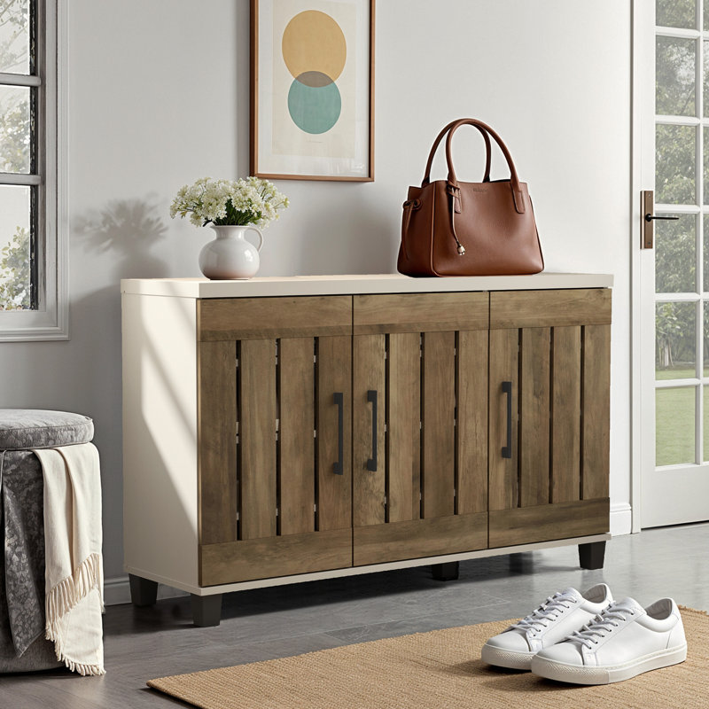 Banos 16 Pair Shoe Storage Cabinet, Beige/Dark Brown Wood