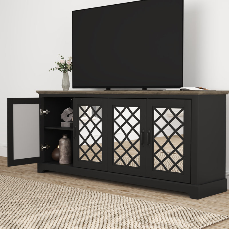 Ariba Modern Mirrored 4 Door TV Stand up to 75", Diamora, Black/Knotty Gray Oak, 29.3" H x 68.2" L x 17.2" W