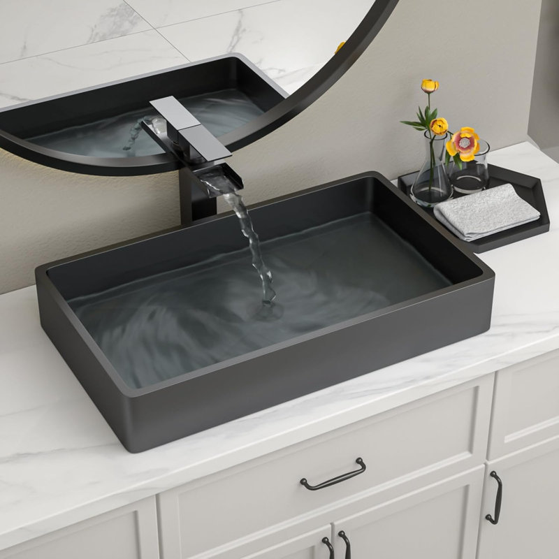 24" Black Bathroom Vessel Sink, 24X14 Inch Black Vessel Sink Stainless Steel Above Counter Bathroom Sink 16 Gauge Nano Titanium Plating Rectangle Vessel Sinks, LOF-BS2414B
