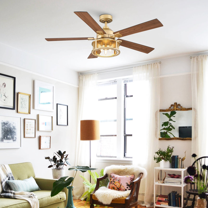 Rippeon 52'' Ceiling Fan with Light Kit, Gold with Walnut/Oak Blades