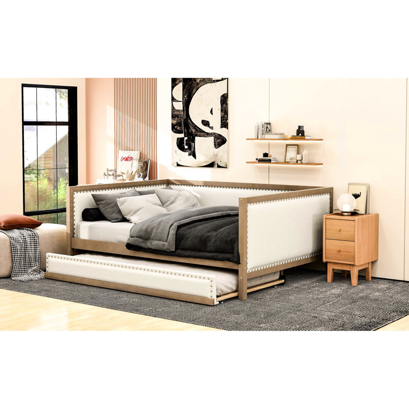 Lit de jour moderne avec gigogne en bois et tissu de lin