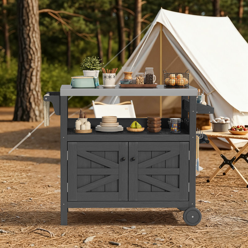 HDPE Bar Cart Portable Outdoor Table Made of Durable Wood-look Resin And Stainless, Gray