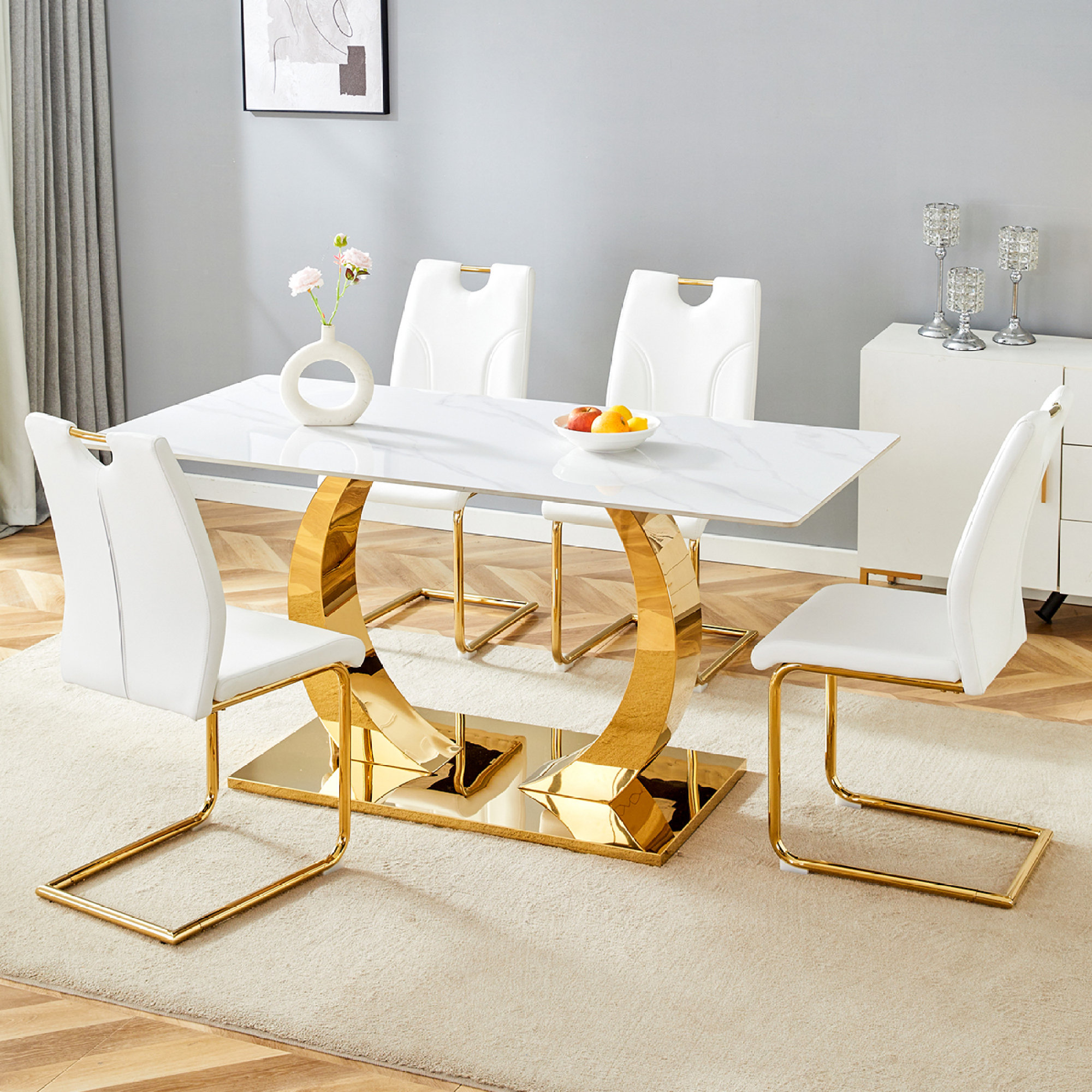 Mercer41 Modern Sintered Stone Dining Table Set With Golden Metal Legs ...