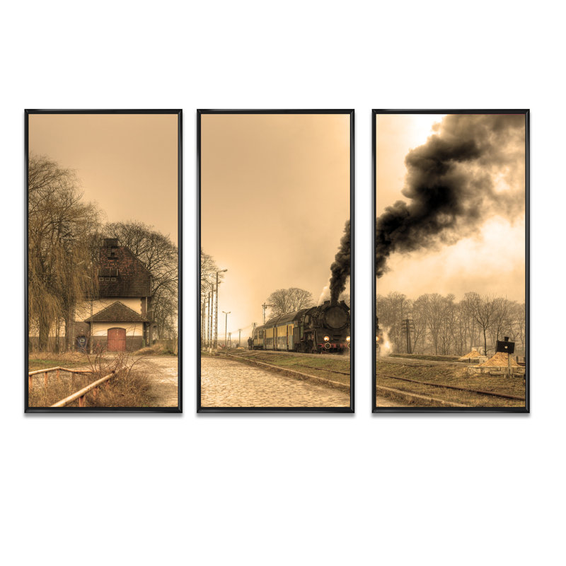 Retro Steam Train - Cityscape, ensemble de 3 toiles d'art encadrées, Noir, H 28 po x l 36 po