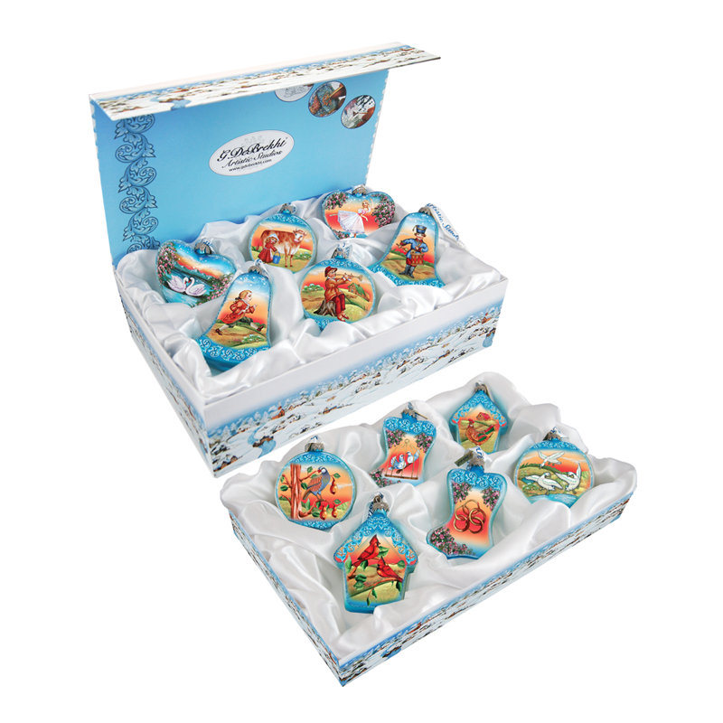 Hand-Painted Glass Christmas Ornaments Set with Silver Hanger