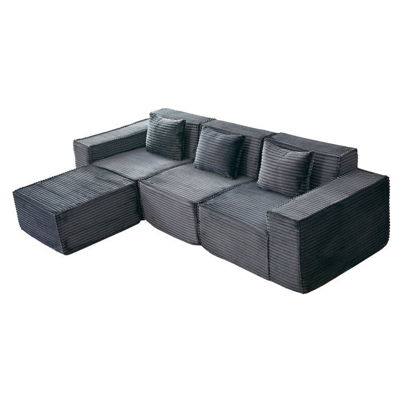 L-Shaped Modular Sectional Sofa, 3-Seater With Ottoman, Striped Corduroy Fabric, High-Density Foam For Home, Apartment, Office