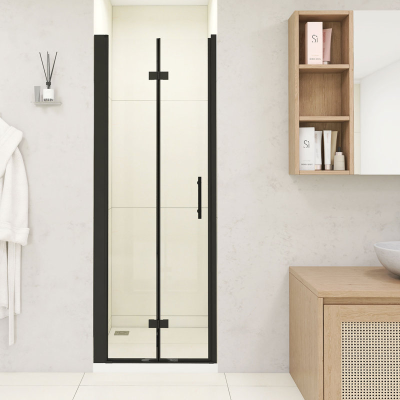 28" W × 72" H Bifold Shower Door – Matte Black Aluminum Frame,1/4"(6Mm) Tempered Glass With Explosion-Proof Film, Stainless Steel Handle, Modern Minimalist Design
